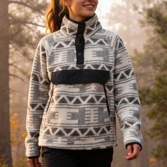 Carhartt Sweaters - Carhartt Womens Relaxed Fit Fleece Pullover Geometric Tribal Print Sherpa  Small